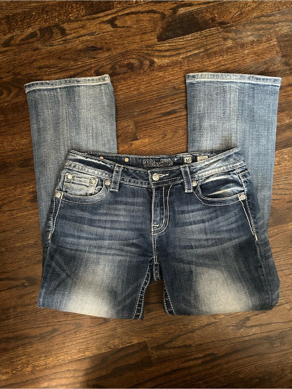 Miss Me Faded Blue Bootcut Jeans with Contrast Stitching